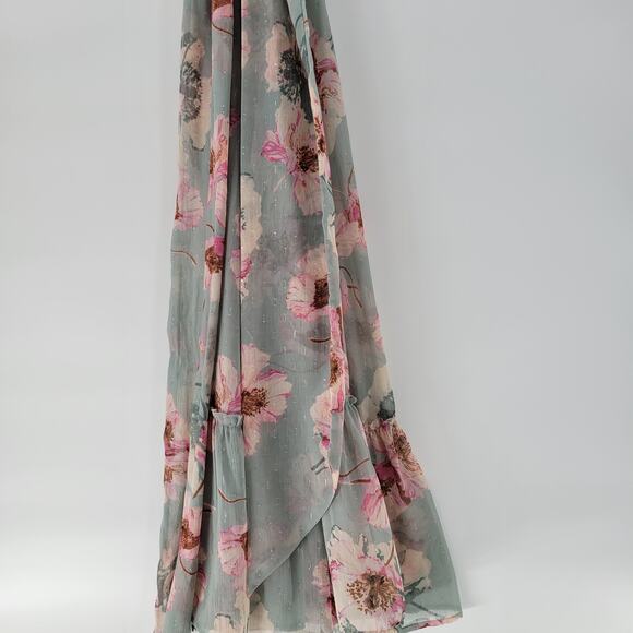 Express Wrap Dress Womens S/M Green Floral Watercolor Sheer Tiered Long Maxi - Picture 13 of 16